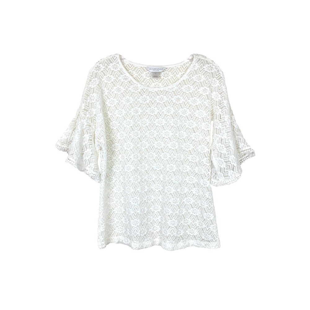 Christopher & Banks Women's Blouse Size Petite PL White Sheer Mesh Crochet Beads